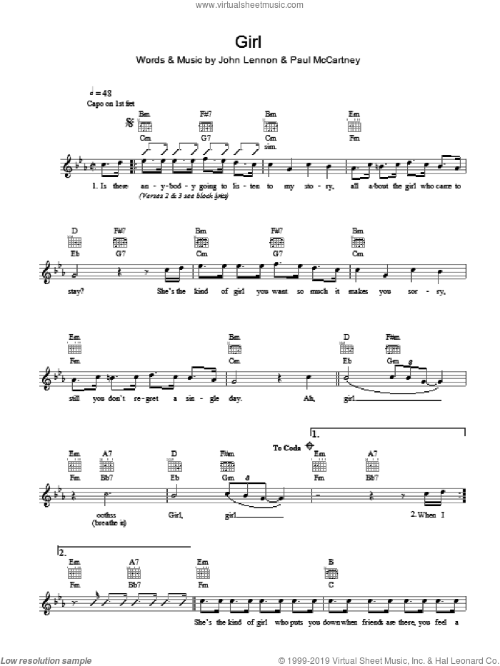 Girl sheet music for voice and other instruments (fake book) by The Beatles, John Lennon and Paul McCartney, intermediate skill level