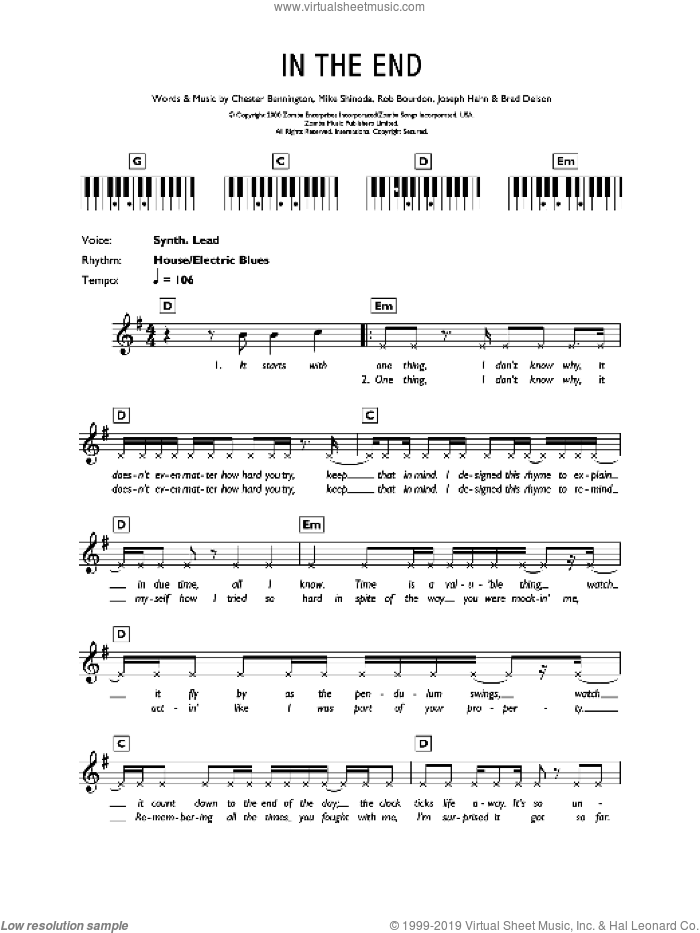 In The End sheet music for voice and other instruments (fake book) by Linkin Park, Brad Delson, Chester Bennington, Joseph Hahn, Mike Shinoda and Rob Bourdon, intermediate skill level