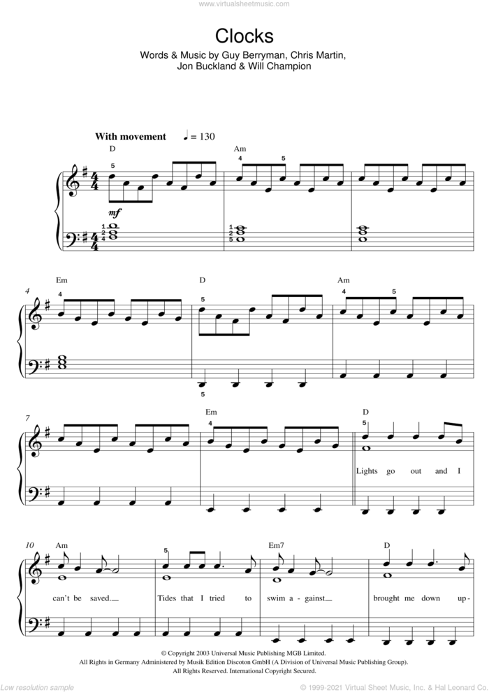 Clocks sheet music for piano solo (beginners) by Coldplay, Chris Martin, Guy Berryman, Jon Buckland, Will Champion and Jonny Buckland, beginner piano (beginners)