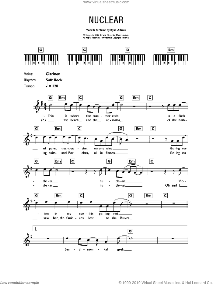 Nuclear sheet music for voice and other instruments (fake book) by Ryan Adams, intermediate skill level