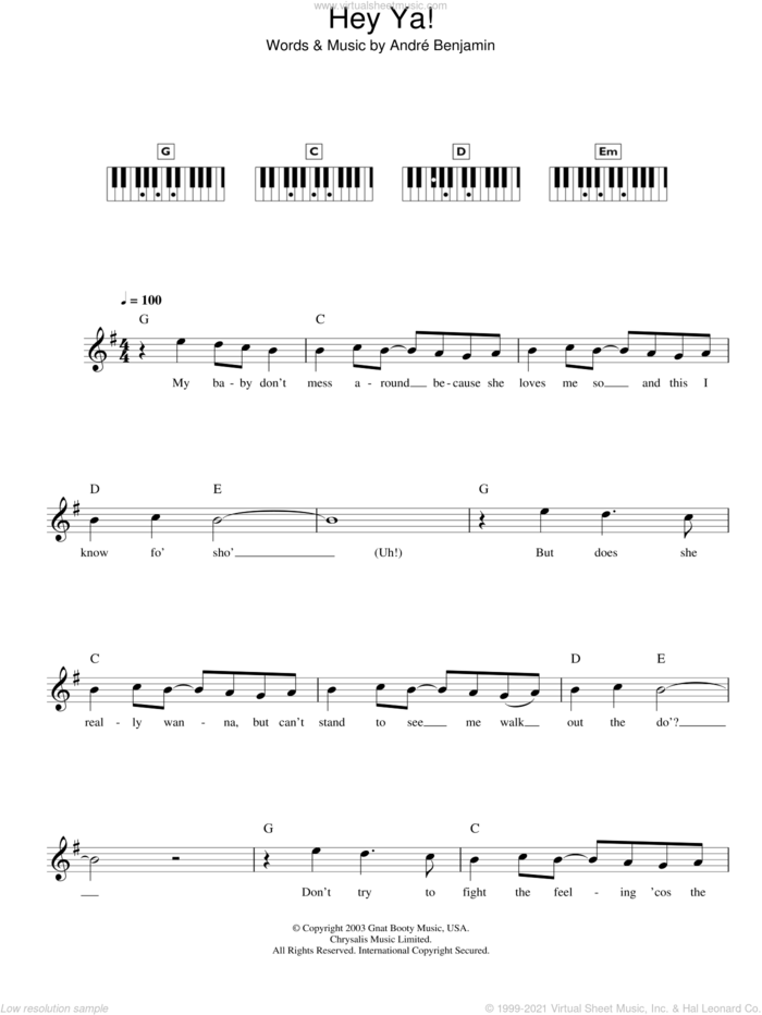 Hey Ya! sheet music for piano solo (chords, lyrics, melody) by OutKast and Andre Benjamin, intermediate piano (chords, lyrics, melody)
