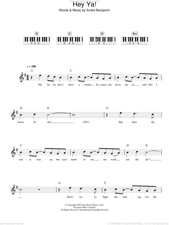 Hey Ya! sheet music for piano solo (chords, lyrics, melody) by OutKast and Andre Benjamin, intermediate piano (chords, lyrics, melody)