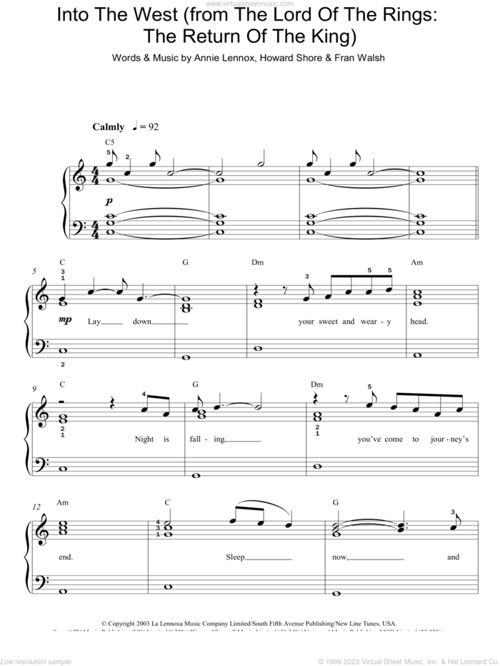 Into The West (from The Lord Of The Rings: The Return Of The King) sheet music for piano solo by Annie Lennox, Fran Walsh and Howard Shore, easy skill level