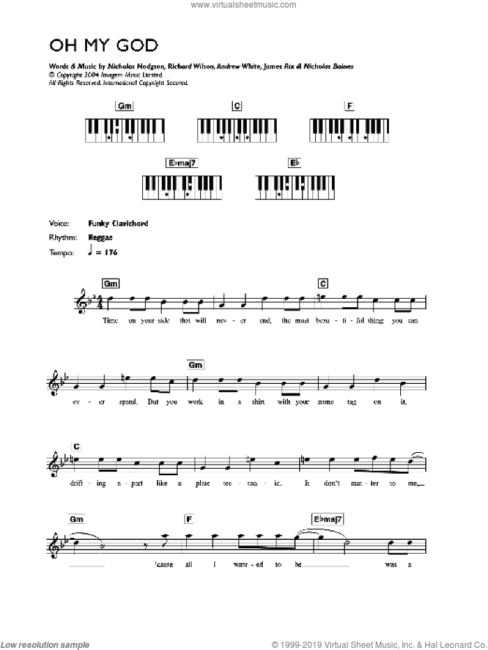 Oh My God sheet music for voice and other instruments (fake book) by Lily Allen, Andrew White, James Rix, Nicholas Baines, Nicholas Hodgson and Richard Wilson, intermediate skill level