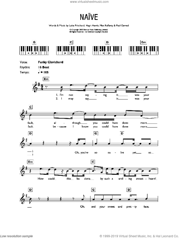 Naive sheet music for voice and other instruments (fake book) by The Kooks, Hugh Harris, Luke Pritchard, Max Rafferty and Paul Garred, intermediate skill level
