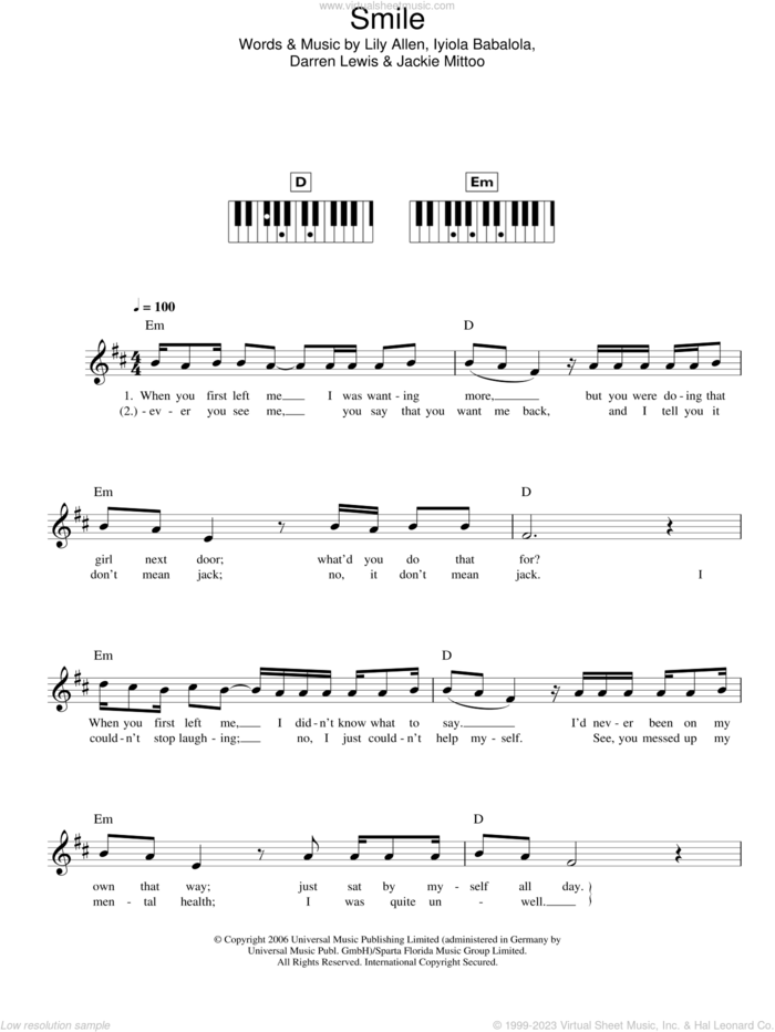 Smile sheet music for voice and other instruments (fake book) by Lily Allen, Clement Dodd, Darren Lewis, Iyiola Babalola and Jackie Mittoo, intermediate skill level