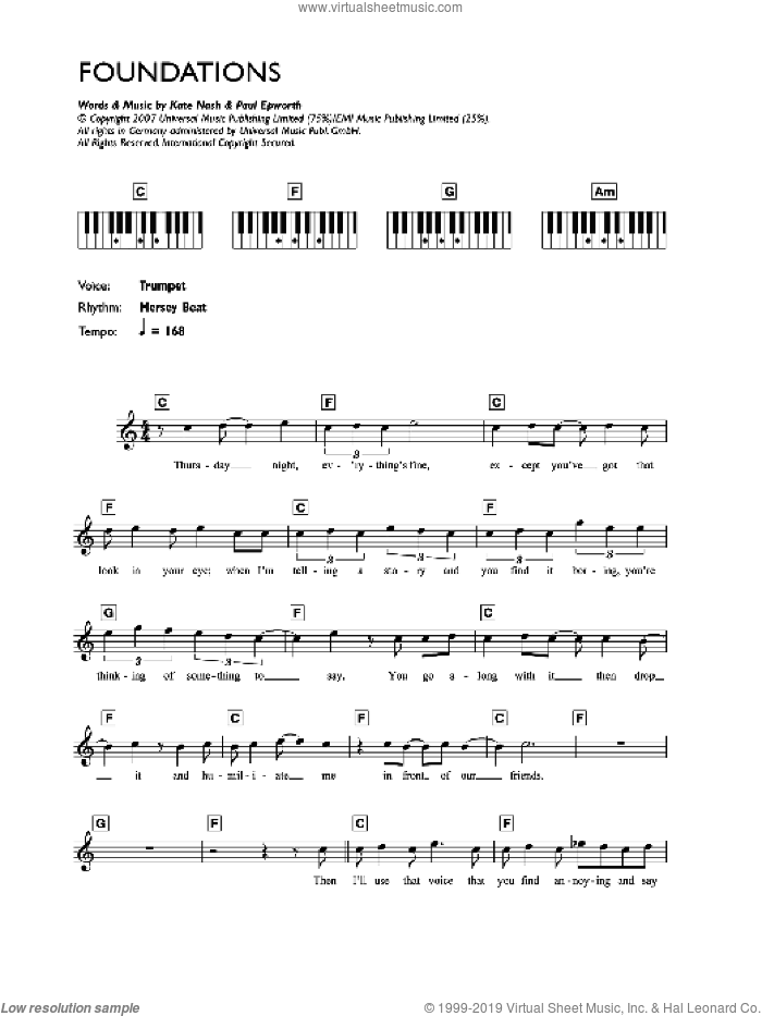 Foundations sheet music for voice and other instruments (fake book) by Kate Nash and Paul Epworth, intermediate skill level