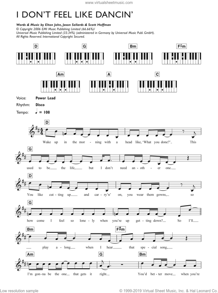 I Don't Feel Like Dancin' sheet music for piano solo (keyboard) by Scissor Sisters, Elton John, Jason Sellards and Scott Hoffman, intermediate piano (keyboard)