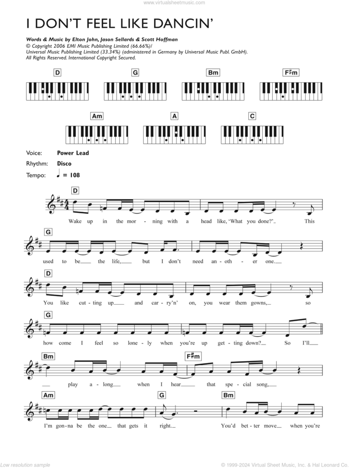 I Don't Feel Like Dancin' sheet music for piano solo (keyboard) by Scissor Sisters, Elton John, Jason Sellards and Scott Hoffman, intermediate piano (keyboard)