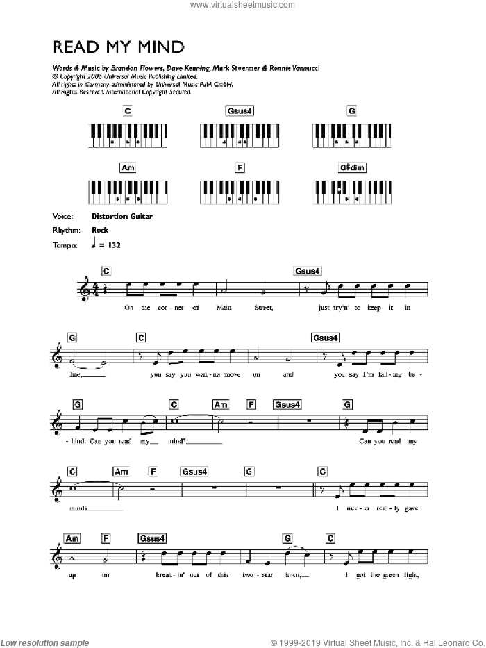 Read My Mind sheet music for voice and other instruments (fake book) by The Killers, Brandon Flowers, Dave Keuning, Mark Stoermer and Ronnie Vannucci, intermediate skill level