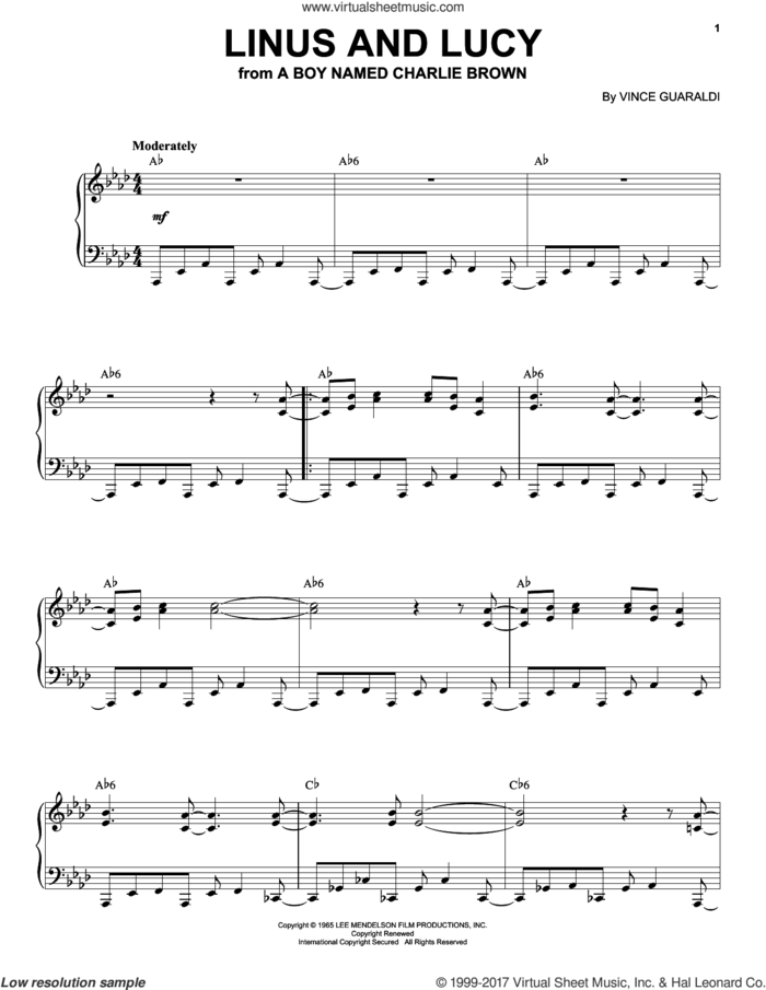 Linus And Lucy sheet music for piano solo by Vince Guaraldi, intermediate skill level