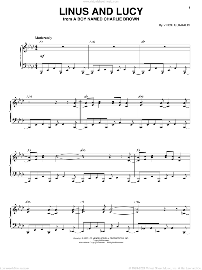 Linus And Lucy sheet music for piano solo by Vince Guaraldi, intermediate skill level