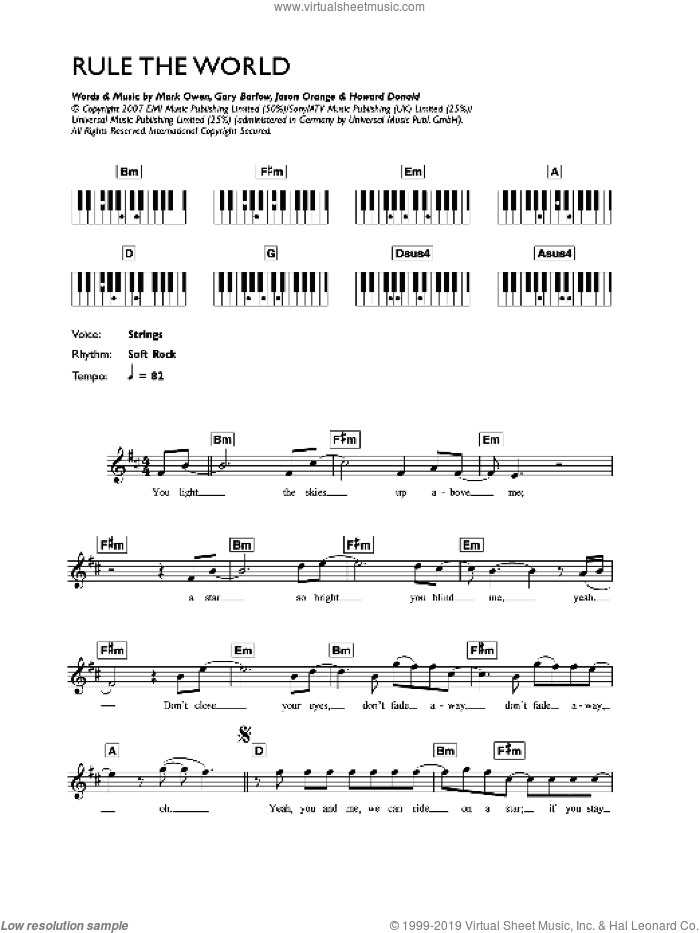 Rule The World sheet music for voice and other instruments (fake book) by Take That, Gary Barlow, Howard Donald, Jason Orange and Mark Owen, intermediate skill level
