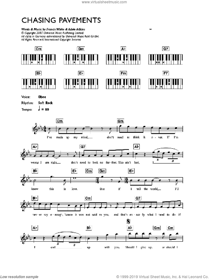 Chasing Pavements sheet music for piano solo (chords, lyrics, melody) by Adele, Adele Adkins and Francis White, intermediate piano (chords, lyrics, melody)