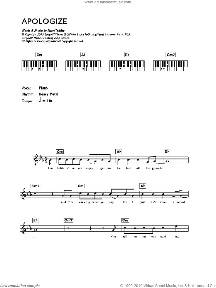 Apologize sheet music for voice and other instruments (fake book) by OneRepublic and Ryan Tedder, intermediate skill level