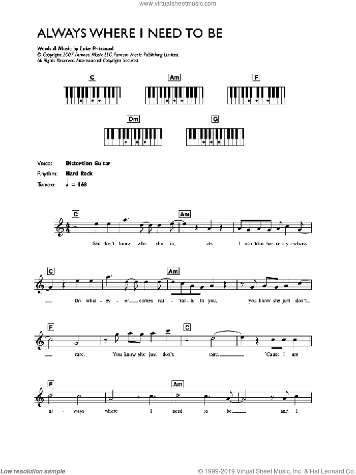 Always Where I Need To Be sheet music for voice and other instruments (fake book) by The Kooks and Luke Pritchard, intermediate skill level