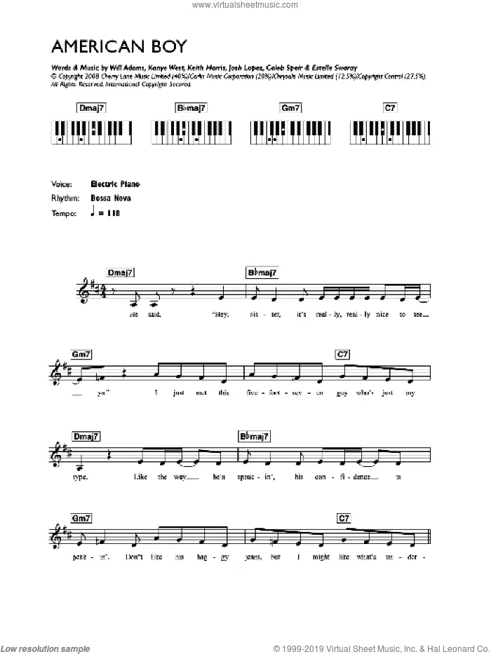 American Boy sheet music for voice and other instruments (fake book) by Estelle, Caleb Speir, Estelle Swaray, Josh Lopez, Kanye West, Keith Harris and Will Adams, intermediate skill level