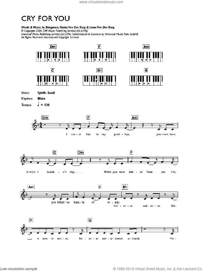 Cry For You sheet music for voice and other instruments (fake book) by September, Bhagavan, Jonas Von Der Burg and Niclas Von Der Burg, intermediate skill level