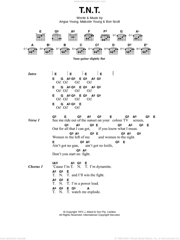 T.N.T. sheet music for guitar (chords) by AC/DC, Angus Young, Bon Scott and Malcolm Young, intermediate skill level