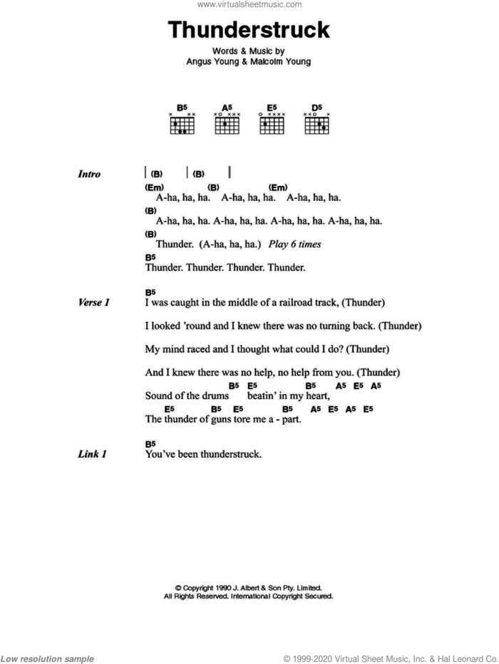 Thunderstruck sheet music for guitar (chords) by AC/DC, Angus Young and Malcolm Young, intermediate skill level