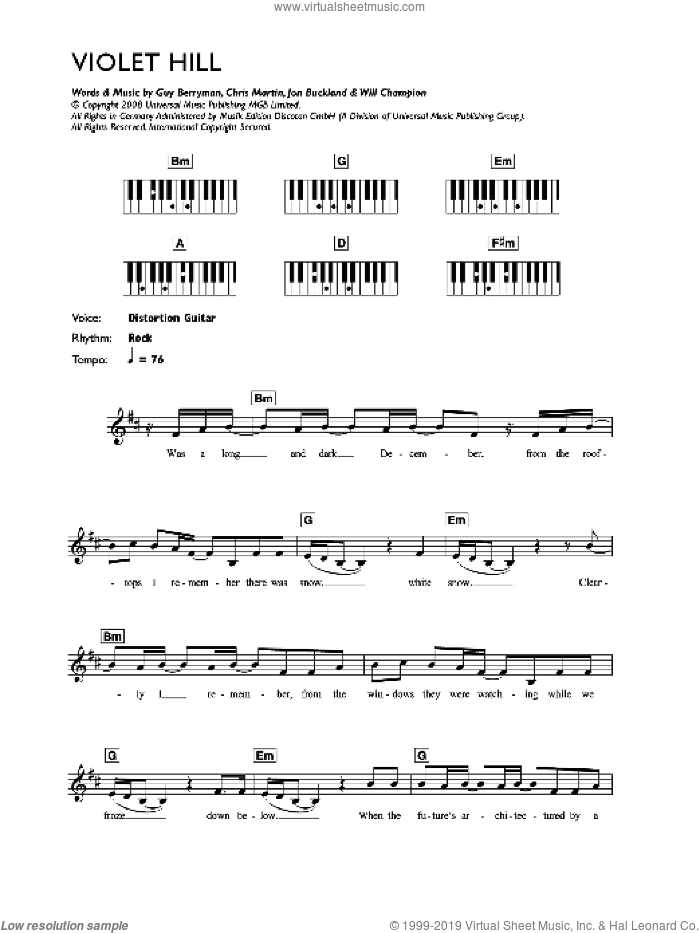 Violet Hill sheet music for voice and other instruments (fake book) by Coldplay, Chris Martin, Guy Berryman, Jon Buckland and Will Champion, intermediate skill level