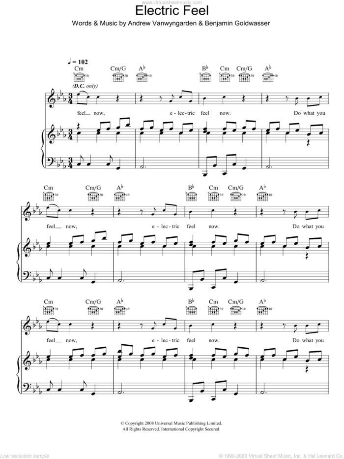 Electric Feel sheet music for voice, piano or guitar by MGMT, Andrew Vanwyngarden and Benjamin Goldwasser, intermediate skill level