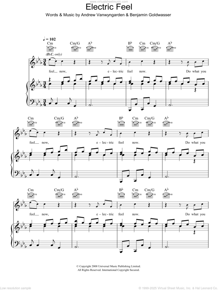 Electric Feel sheet music for voice, piano or guitar by MGMT, Andrew Vanwyngarden and Benjamin Goldwasser, intermediate skill level