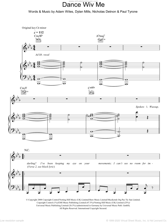 Dance Wiv Me sheet music for voice, piano or guitar by Dizzee Rascal featuring Calvin Harris & Chrome, Adam Wiles, Dylan Mills, Nicholas Detnon and Paul Tyrone, intermediate skill level