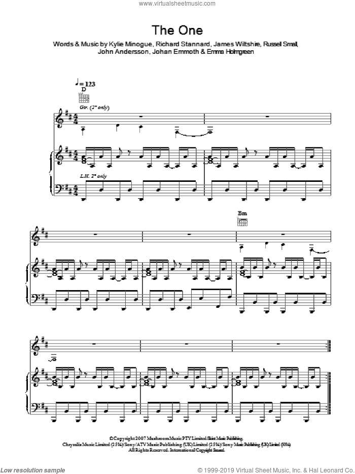 The One sheet music for voice, piano or guitar by Kylie Minogue, Emma Holmgreen, James Wiltshire, Johan Emmoth, John Andersson, Richard Stannard and Russell Small, intermediate skill level