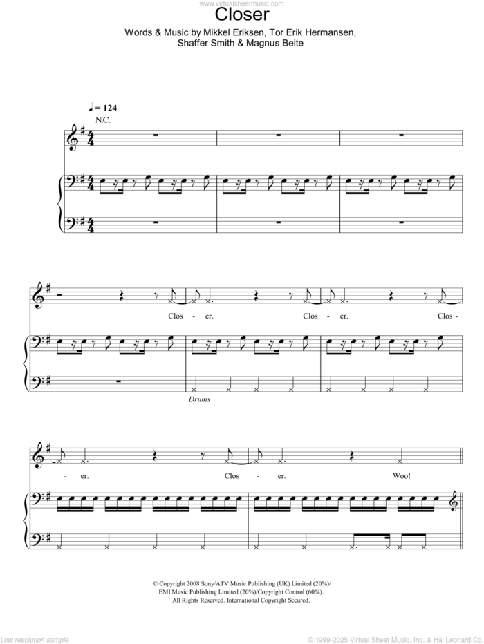 Closer sheet music for voice, piano or guitar by Ne-Yo, Magnus Beite, Mikkel Eriksen, Shaffer Smith and Tor Erik Hermansen, intermediate skill level