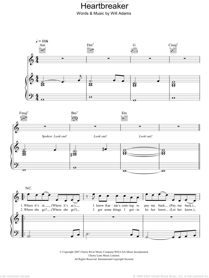 Heartbreaker sheet music for voice, piano or guitar by Will. I. Am feat. Cheryl Cole and Will Adams, intermediate skill level