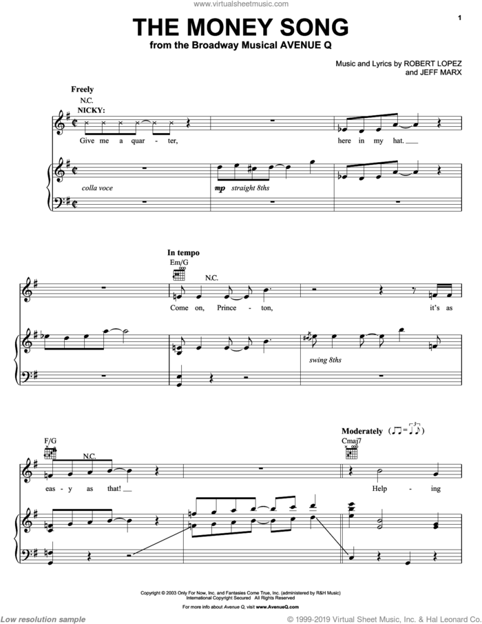 The Money Song (from Avenue Q) sheet music for voice, piano or guitar by Avenue Q, Jeff Marx, Robert Lopez and Robert Lopez & Jeff Marx, intermediate skill level