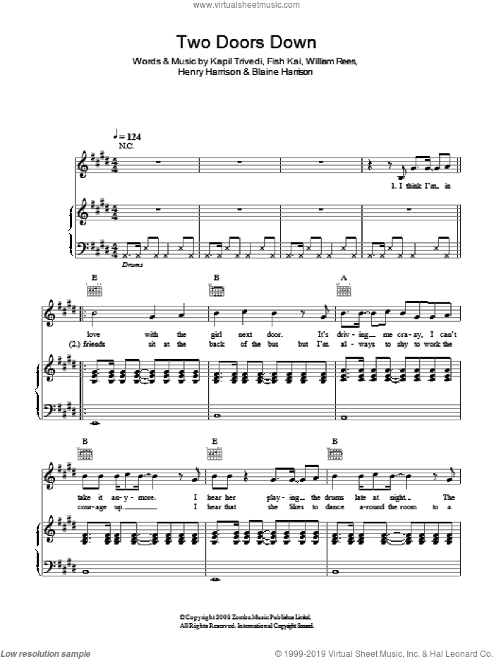Two Doors Down sheet music for voice, piano or guitar by Mystery Jets, Blaine Harrison, Fish Kai, Henry Harrison, Kapil Trivedi and William Rees, intermediate skill level