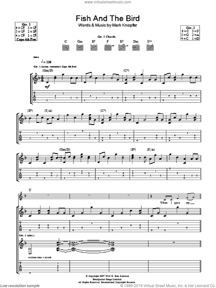 The Fish And The Bird sheet music for guitar (tablature) by Mark Knopfler, intermediate skill level