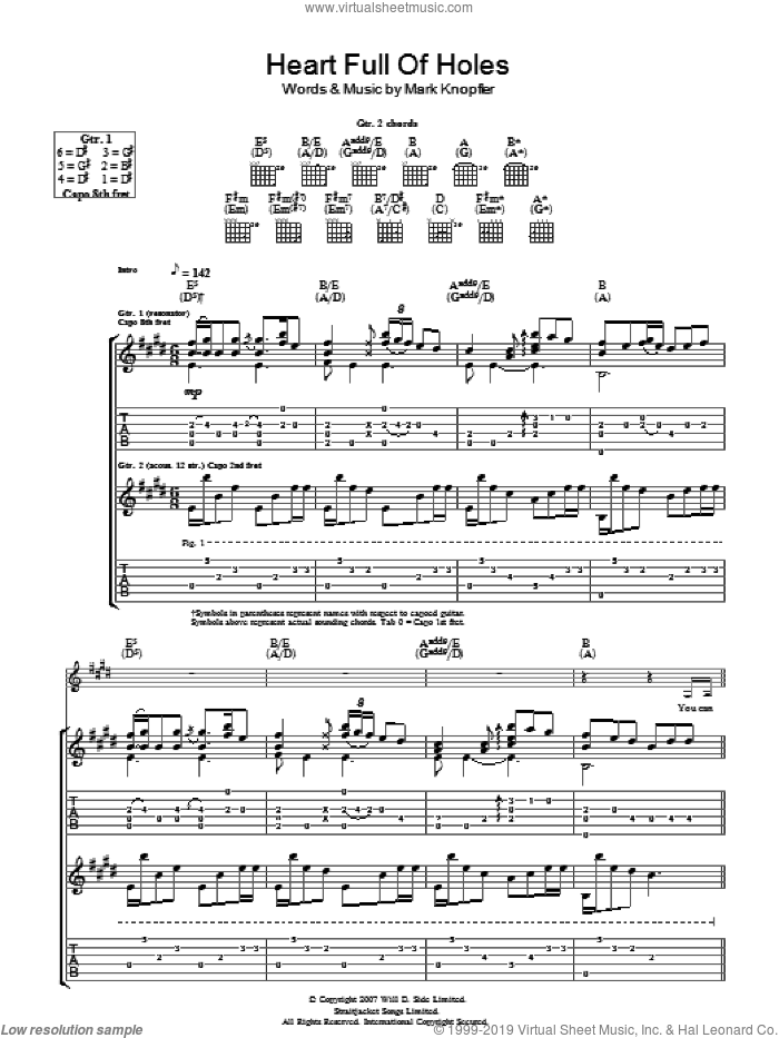 Heart Full Of Holes sheet music for guitar (tablature) by Mark Knopfler, intermediate skill level