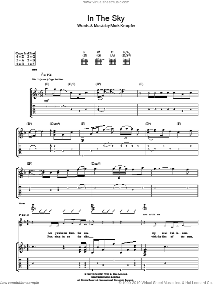In The Sky sheet music for guitar (tablature) by Mark Knopfler, intermediate skill level