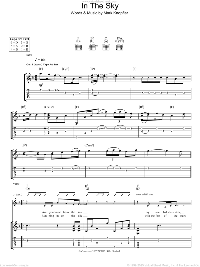 In The Sky sheet music for guitar (tablature) by Mark Knopfler, intermediate skill level