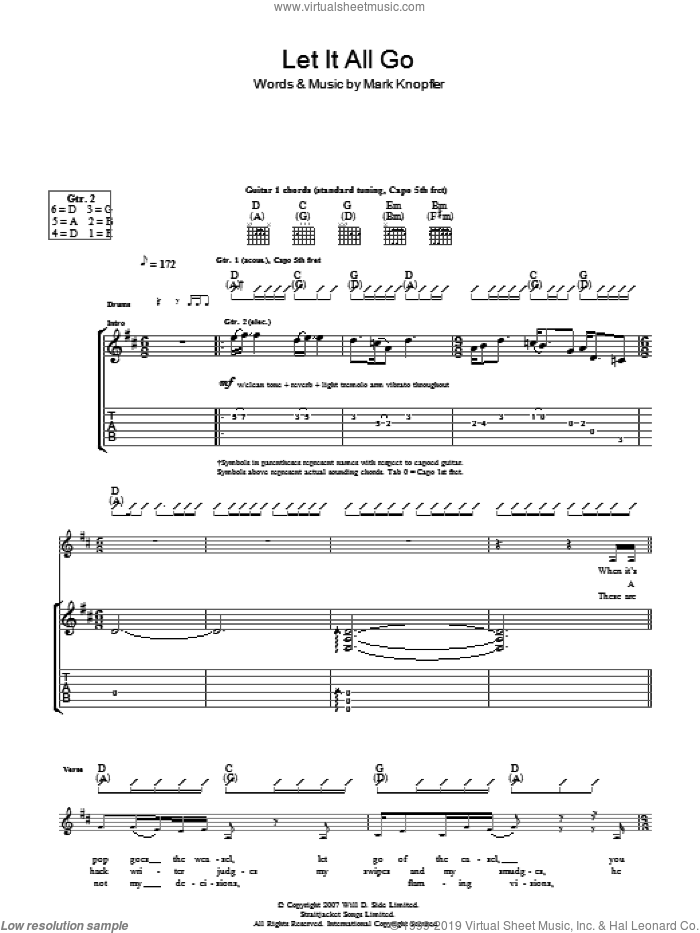 Let It All Go sheet music for guitar (tablature) by Mark Knopfler, intermediate skill level