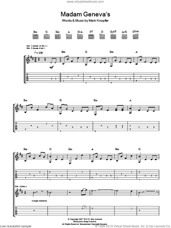 Madame Geneva's sheet music for guitar (tablature) by Mark Knopfler, intermediate skill level