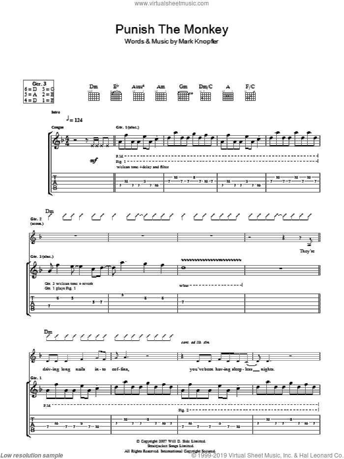 Punish The Monkey sheet music for guitar (tablature) by Mark Knopfler, intermediate skill level