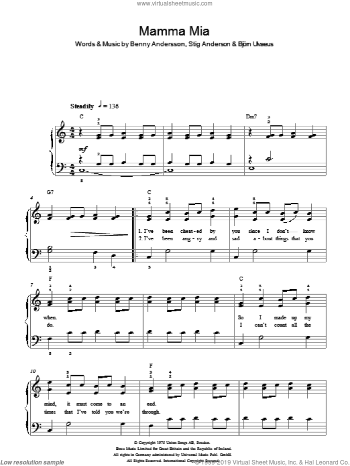 Mamma Mia sheet music for piano solo by ABBA, Benny Andersson, Bjorn Ulvaeus and Stig Anderson, easy skill level