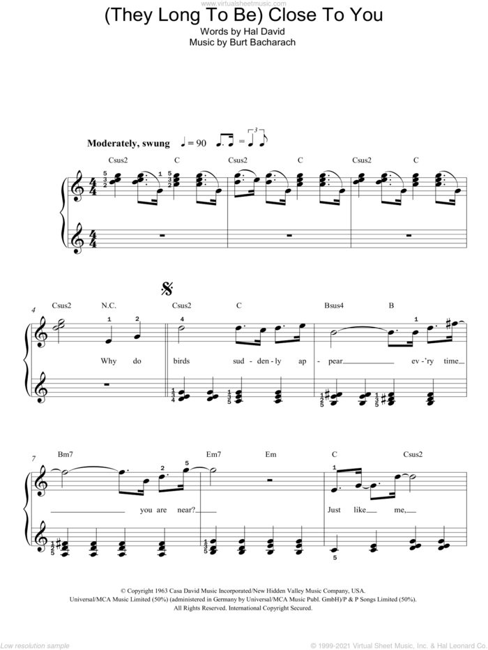 (They Long To Be) Close To You, (easy) sheet music for piano solo by Carpenters, Bacharach & David, Burt Bacharach and Hal David, wedding score, easy skill level