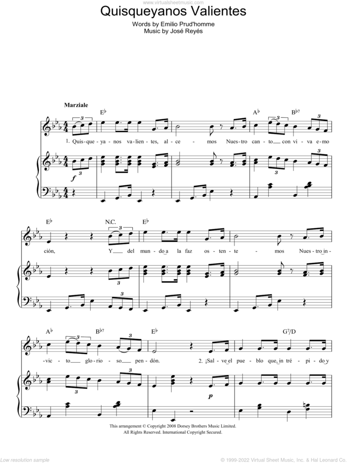 Quisqueyanos Valientes (Dominican Republic National Anthem) sheet music for voice, piano or guitar by Jose Reyes, intermediate skill level