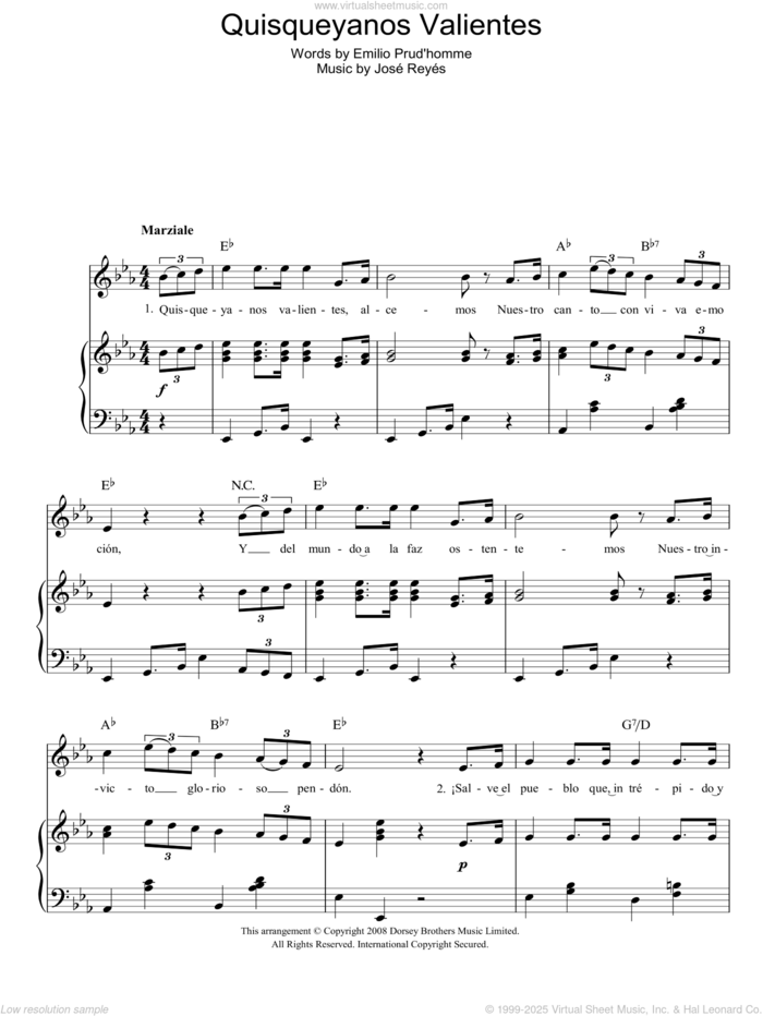 Quisqueyanos Valientes (Dominican Republic National Anthem) sheet music for voice, piano or guitar by Jose Reyes, intermediate skill level