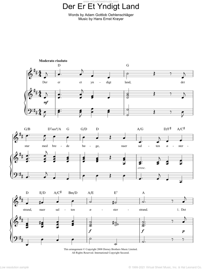Der Er Et Yndigt Land (Danish National Anthem) sheet music for voice, piano or guitar by Hans Ernst Kroyer and Adam Gottlob Oehlenschlager, intermediate skill level