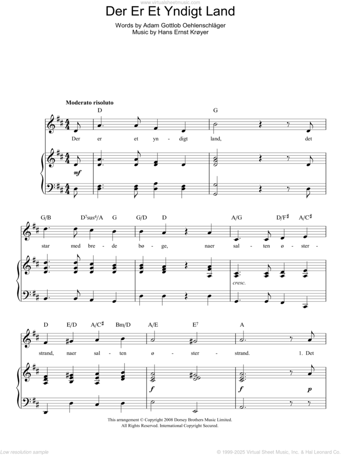 Der Er Et Yndigt Land (Danish National Anthem) sheet music for voice, piano or guitar by Hans Ernst Kroyer and Adam Gottlob Oehlenschlager, intermediate skill level