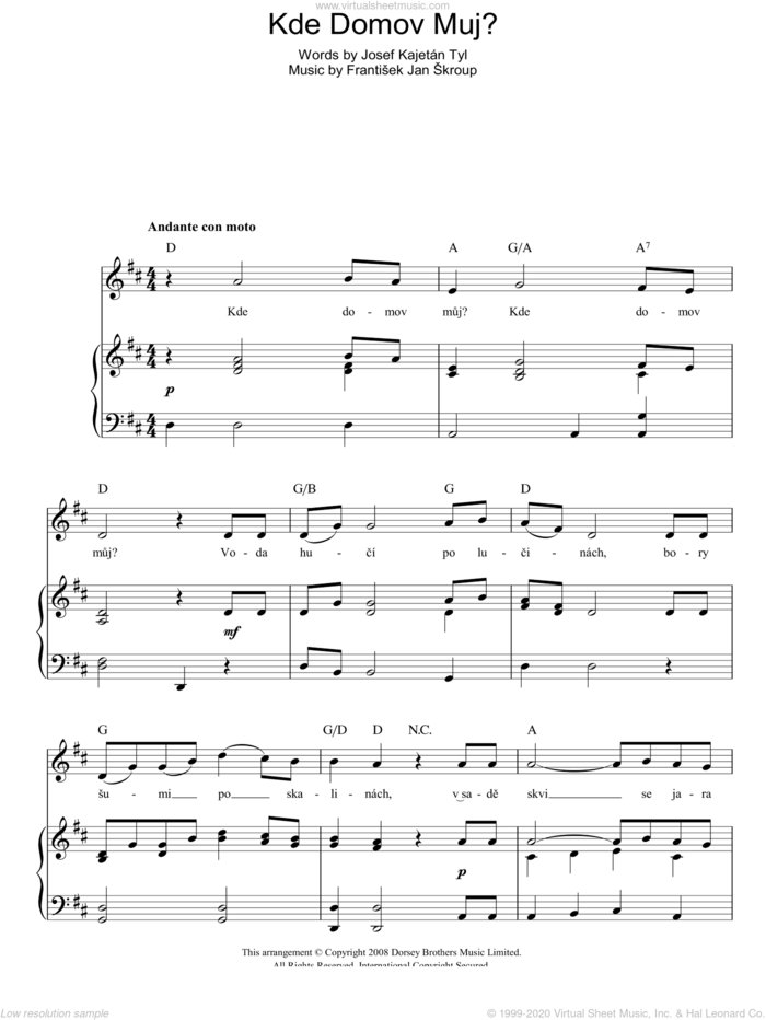 Kde Domov Muj? (Czech Republic National Anthem) sheet music for voice, piano or guitar by Frantisek Jan Skroup and Josef Kajetan Tyl, intermediate skill level