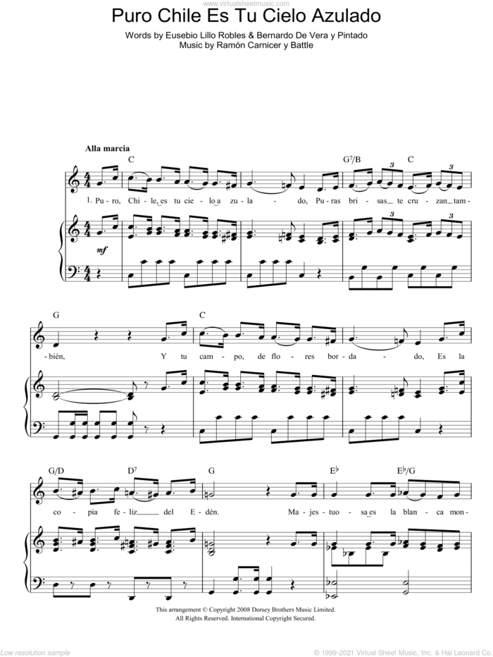 Puro Chile Es Tu Cielo Azulado (Chilean National Anthem) sheet music for voice, piano or guitar by Ramon Carnicer y Battle, Bernardo De Vera y Pintado and Eusebio Lillo Robles, intermediate skill level