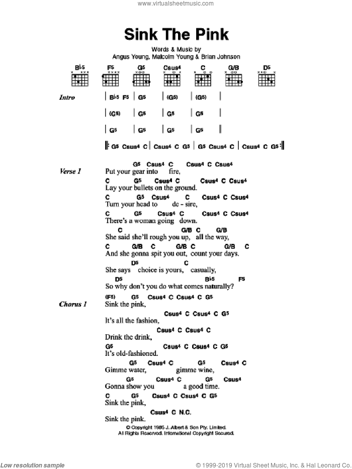 Sink The Pink sheet music for guitar (chords) by AC/DC, Angus Young, Brian Johnson and Malcolm Young, intermediate skill level