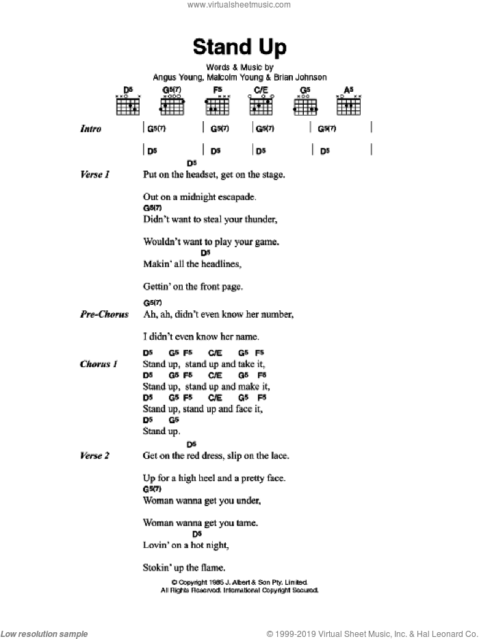 Stand Up sheet music for guitar (chords) by AC/DC, Angus Young, Brian Johnson and Malcolm Young, intermediate skill level